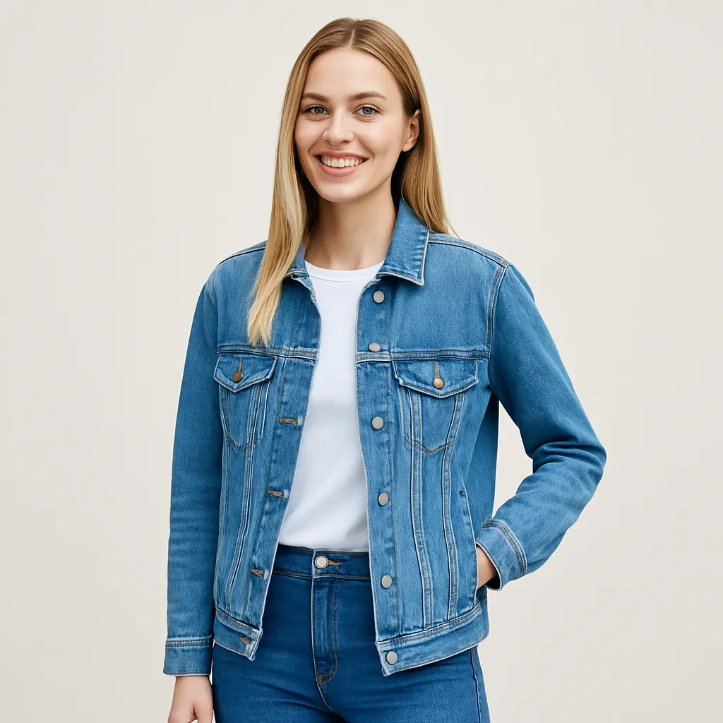 Woman wearing blue denim jacket and white T-shirt, front view